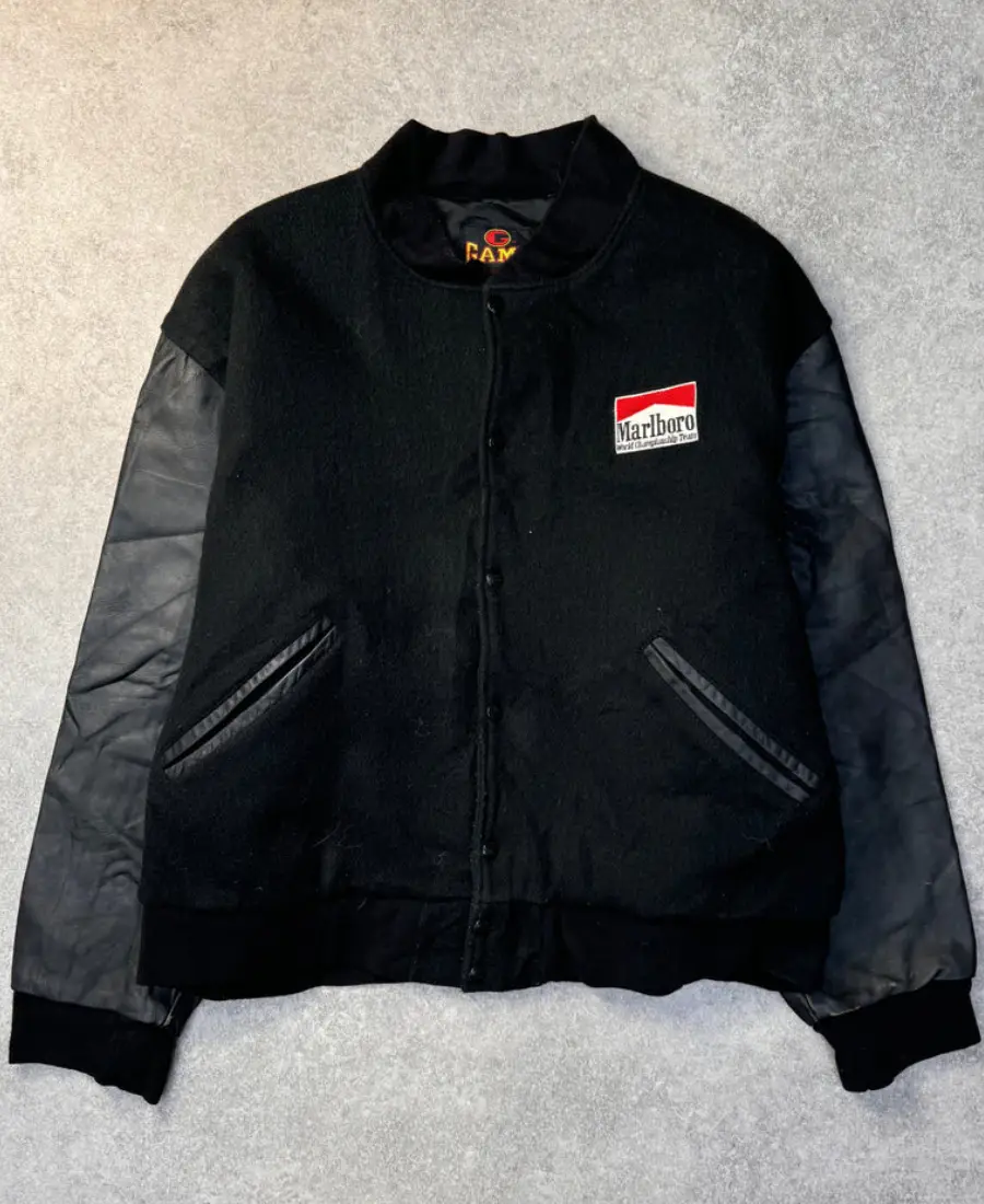 Marlboro Logo Embroidered Leather Sleeve Bomber Jacket