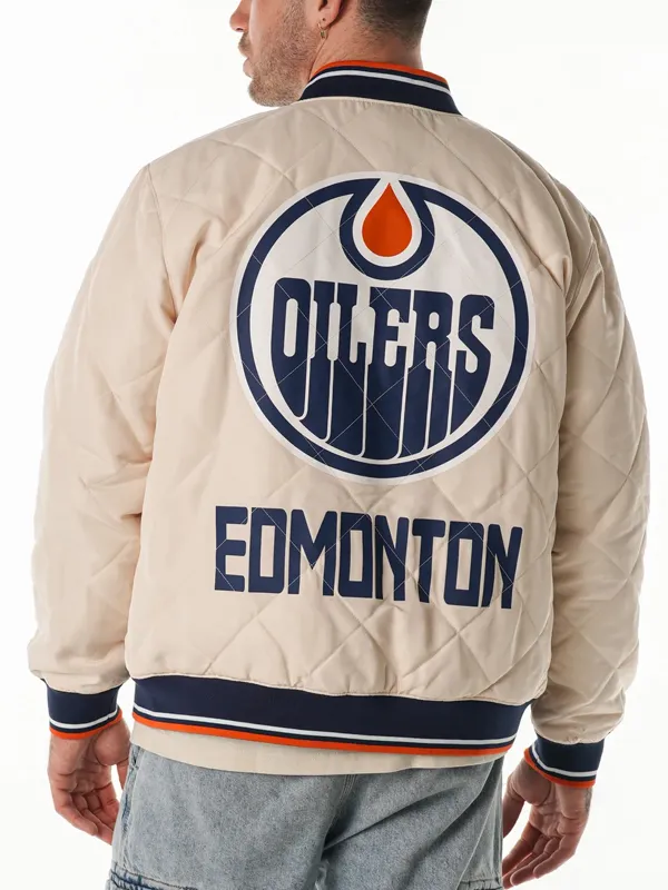 Edmonton Oilers Cream Quilted Bomber Jacket