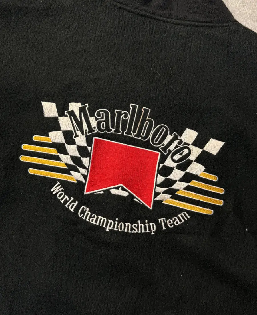 Marlboro Logo Embroidered Leather Sleeve Bomber Jacket