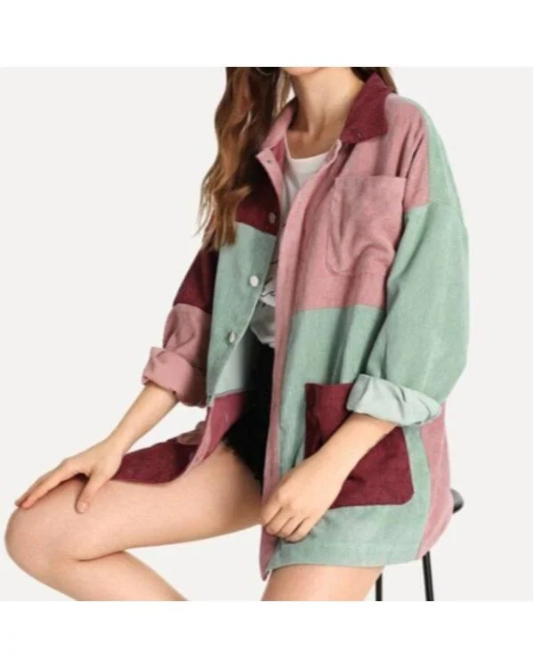Little Disasters S01 Colorblock Patchwork Corduroy Shirt - Image 2