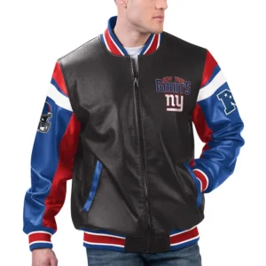 Black Varsity Full-Zip NY Giants Leather Jacket