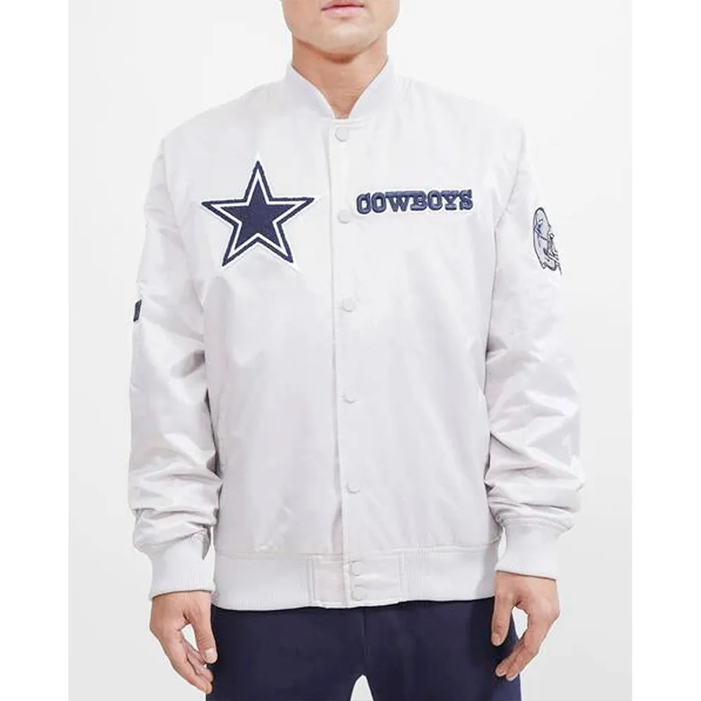 Chest Hit Logo Dallas Cowboys White Satin Jacket - Image 4