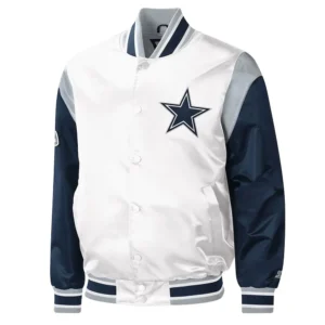 Dallas Cowboys Warm-Up Pitch White and Blue Varsity Satin Jacket
