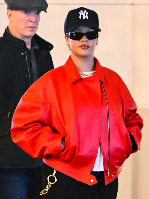 Rihanna Santa Red Leather Bomber Jacket - Image 2