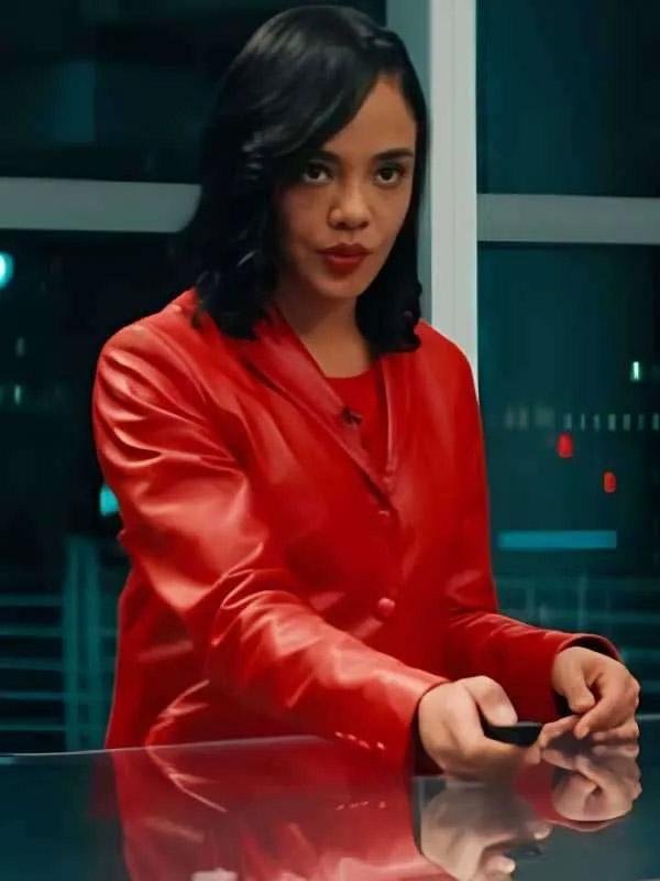 His and Hers Tessa Thompson Red Leather Blazer