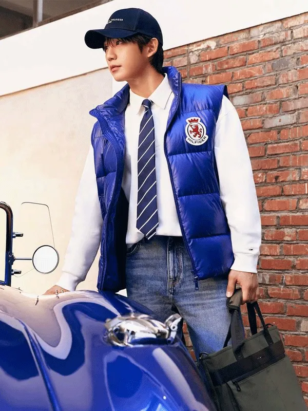 Jung Hae-in RWB Crest Shiny Down Blue Puffer Vest - Image 2