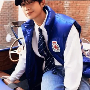 Jung Hae-in RWB Crest Shiny Down Blue Puffer Vest
