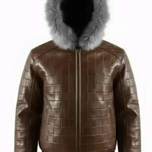 Men’s Brown Quilted Fur Hood Leather Jacket