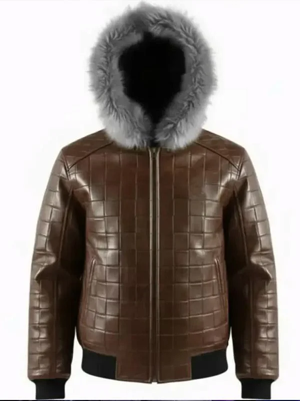 Men’s Brown Quilted Fur Hood Leather Jacket