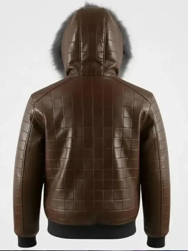 Men’s Brown Quilted Fur Hood Leather Jacket