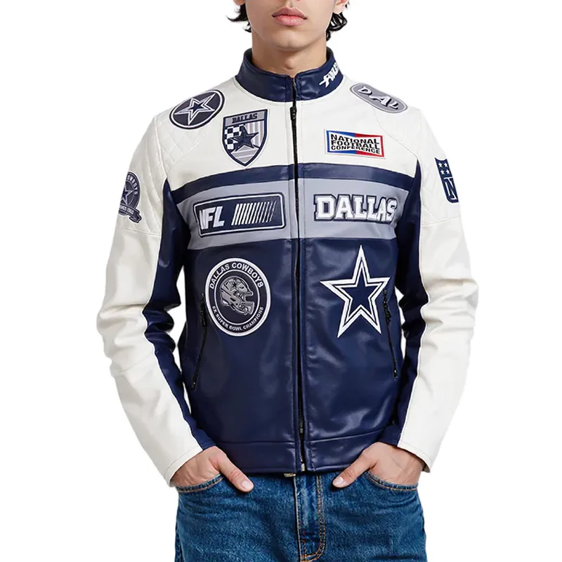 Moto Dallas Cowboys Navy and White Leather Jacket