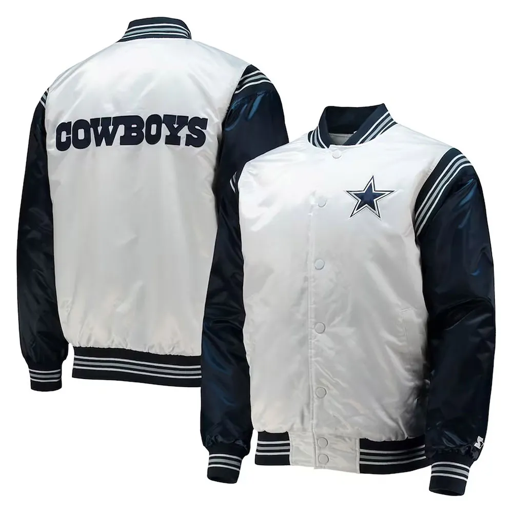 Renegade Throwback Dallas Cowboys White Navy Satin Jacket - Image 2