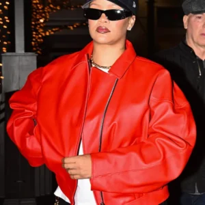 Rihanna Santa Red Leather Bomber Jacket
