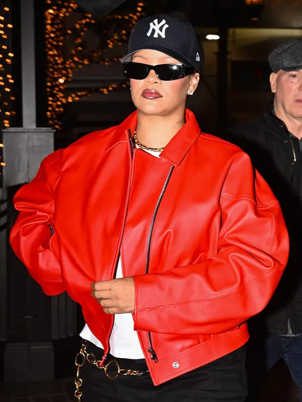 Rihanna Santa Red Leather Bomber Jacket