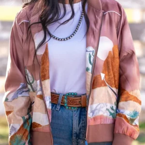 Rodeo Cowgirl Desert Landscape Bomber Jacket
