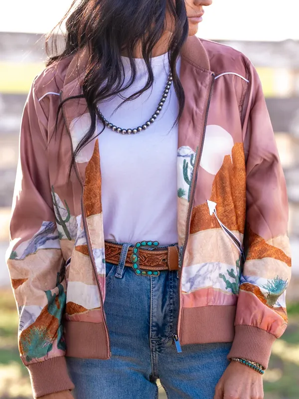 Rodeo Cowgirl Desert Landscape Bomber Jacket