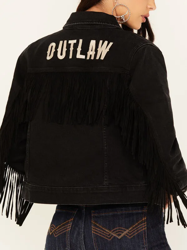 Rodeo Women Outlaw Black Fringe Trucker Jacket - Image 2