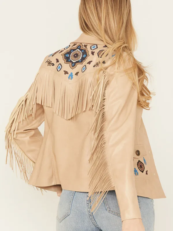 Rodeo Women Embroidered Tan Fringe Leather Jacket