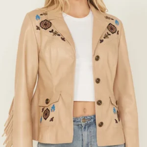 Rodeo Women Embroidered Tan Fringe Leather Jacket