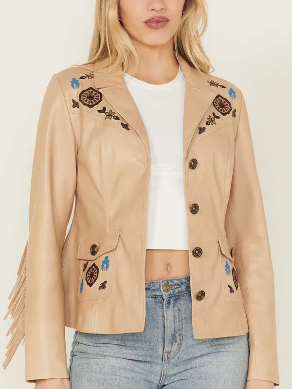 Rodeo Women Embroidered Tan Fringe Leather Jacket