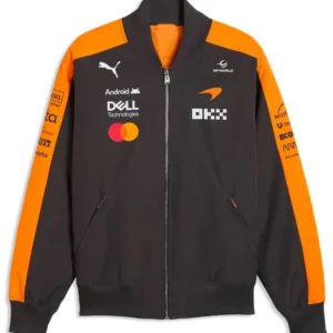 Product Specification: Inspired by McLaren from Formula 1. Made up of fabric and viscose inner lining. Front has zipper closure with ribbed collar. Two pockets on the front and two inside. Full length sleeves with ribbed cuffs. Available in black and orange color. Formula 1 Team McLaren 2026 Bomber Jacket