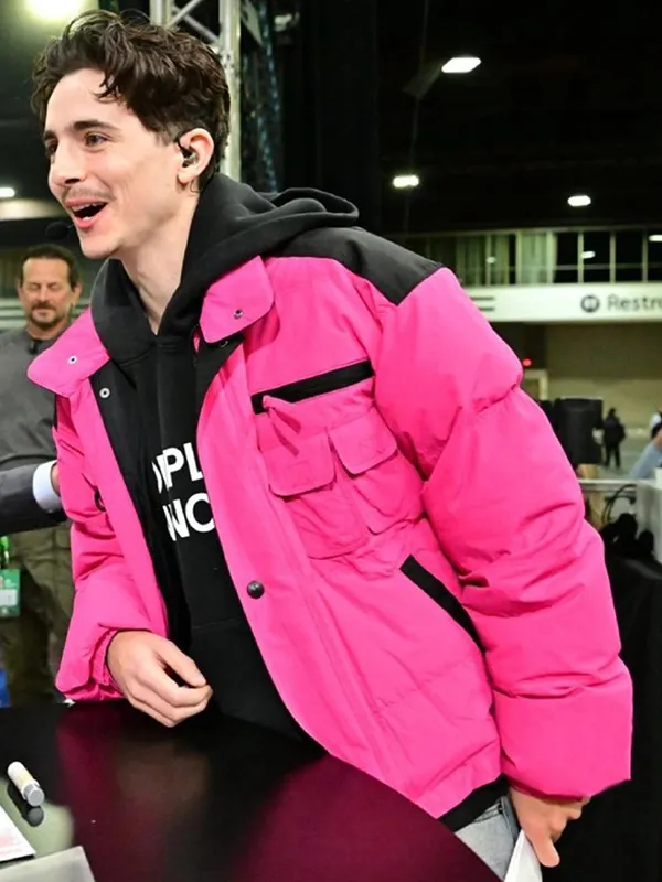 College GameDay Timothee Chalamet Pink Puffer Jacket - Image 3