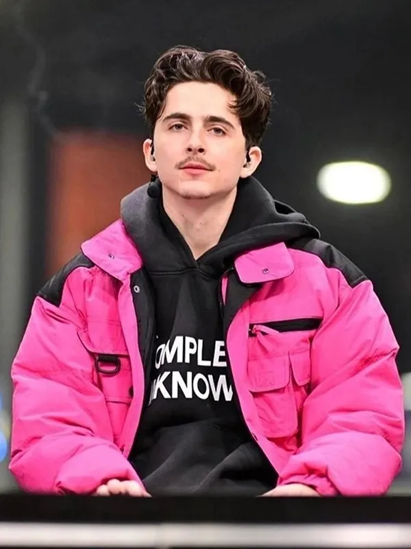 College GameDay Timothee Chalamet Pink Puffer Jacket