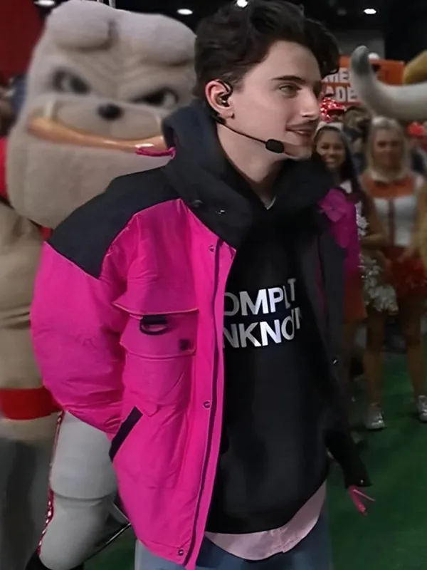 College GameDay Timothee Chalamet Pink Puffer Jacket - Image 2