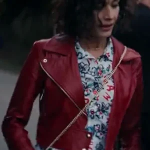 Inspired by Nicole Grimaudo from Movie Solo Mio. Made up of faux / real leather and viscose inner lining. Front has zipper closure with lapel collar. Two pockets on the front and one inside. Full length sleeves with zipper cuffs. Available in red color.