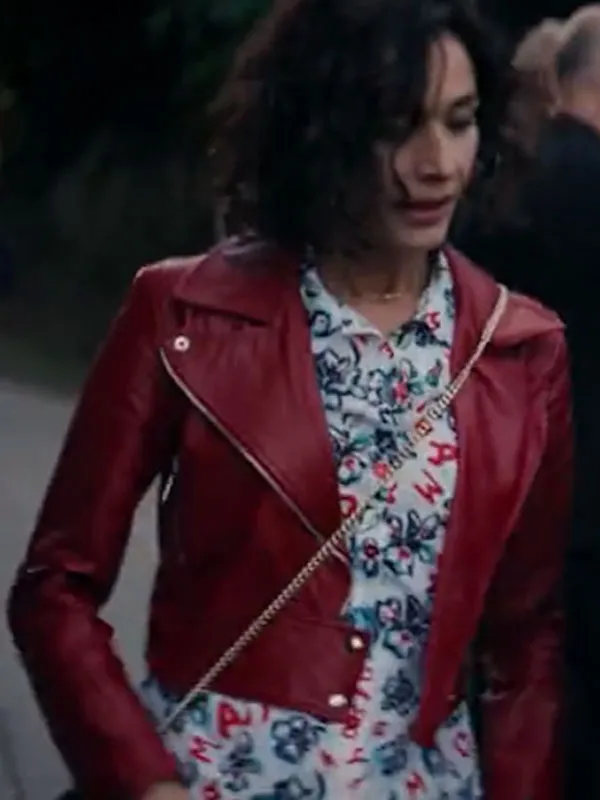 Inspired by Nicole Grimaudo from Movie Solo Mio. Made up of faux / real leather and viscose inner lining. Front has zipper closure with lapel collar. Two pockets on the front and one inside. Full length sleeves with zipper cuffs. Available in red color.