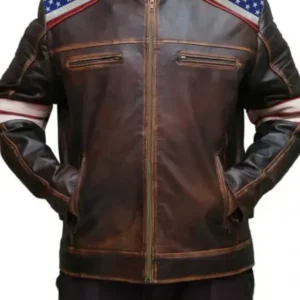 American Flag Brown Moto Leather Jacket