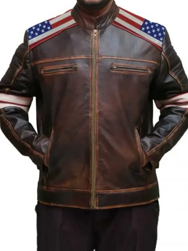American Flag Brown Moto Leather Jacket