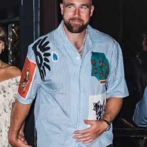 NYC 2026 Travis Kelce Light Blue Striped Bowling Shirt