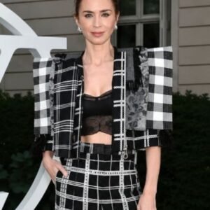 NYC 2026 Emily Blunt Black and White Plaid Jacket