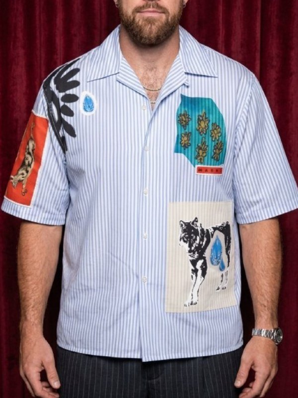 NYC 2026 Travis Kelce Light Blue Striped Bowling Shirt - Image 2